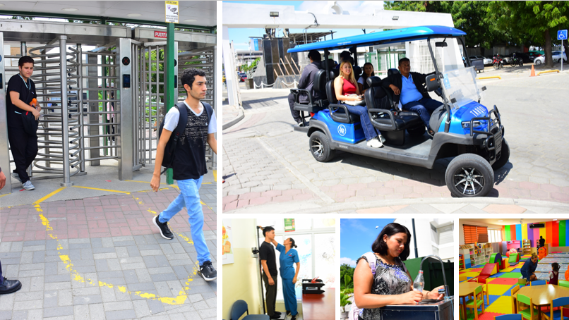 Servicios universitarios de ULEAM: acceso al campus, transporte eléctrico, hidratación y atención infantil.